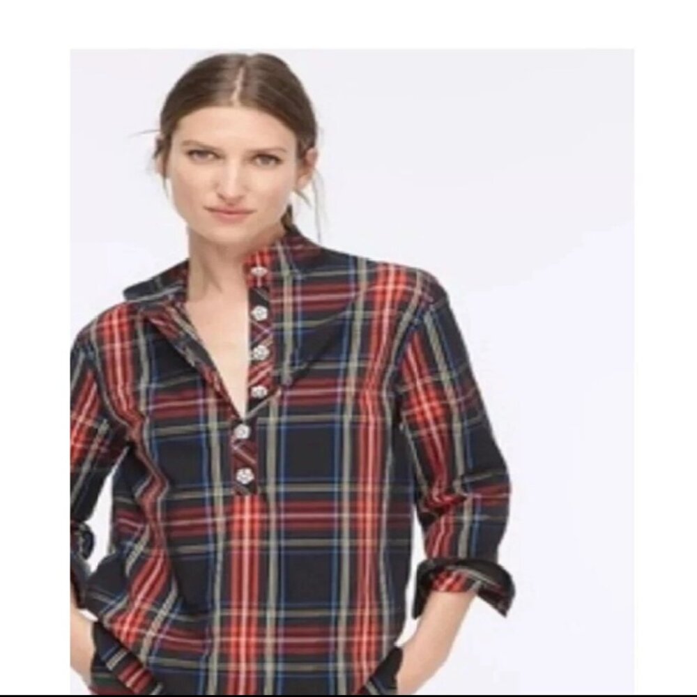 J.Crew Jeweled Button Popover Tunic Top Black Stewart Tartan Plaid Sz 0 $128